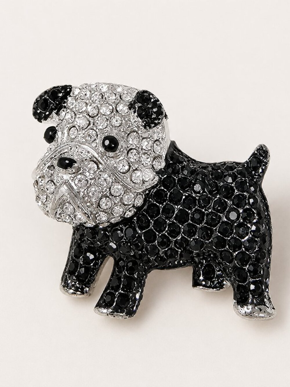 Rhinestone Bulldog Brooch Pendant – Black Crystal Dog Pin Chain Opening Silver